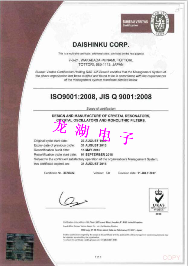 日本大真空ISO 9001:2008/JIS Q 9001:2008质量认证